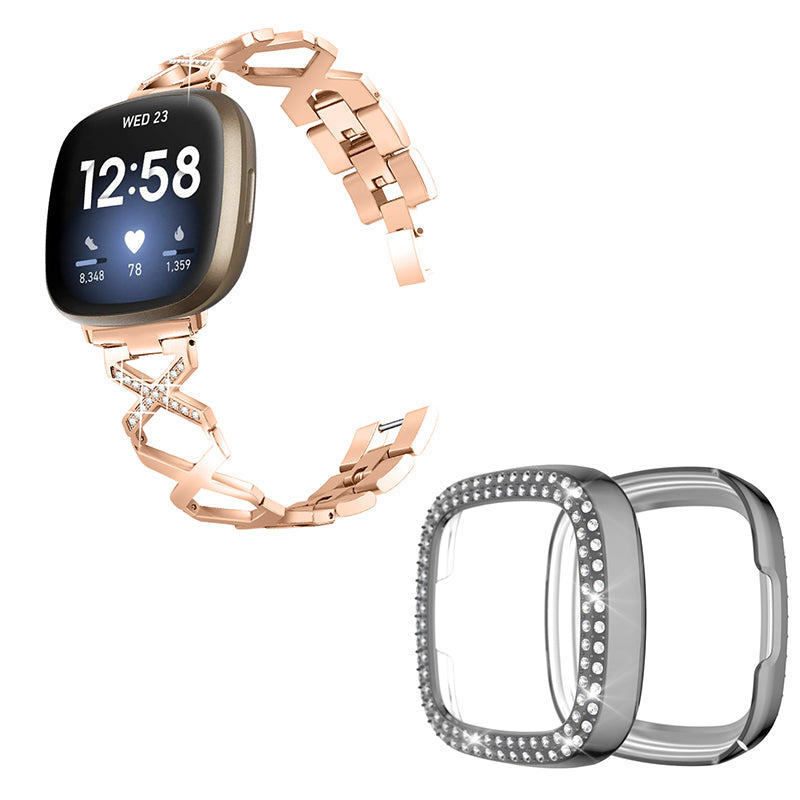 For Fitbit Versa 3 / Sense X-Shape Design Stainless Steel Bracelet Replacement Strap + Two Row Rhinestones Grey Watch Protective Case - Rose Gold