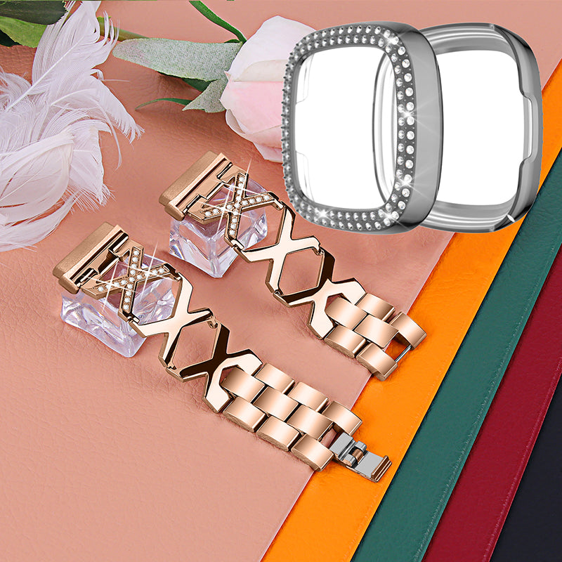 For Fitbit Versa 3 / Sense X-Shape Design Stainless Steel Bracelet Replacement Strap + Two Row Rhinestones Grey Watch Protective Case - Rose Gold