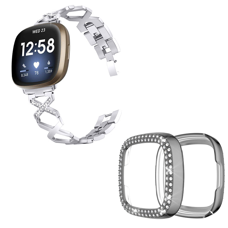 For Fitbit Versa 3 / Sense X-Shape Design Stainless Steel Bracelet Replacement Strap + Two Row Rhinestones Grey Watch Protective Case - Silver