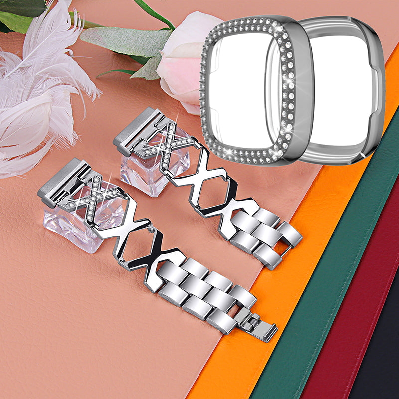 For Fitbit Versa 3 / Sense X-Shape Design Stainless Steel Bracelet Replacement Strap + Two Row Rhinestones Grey Watch Protective Case - Silver