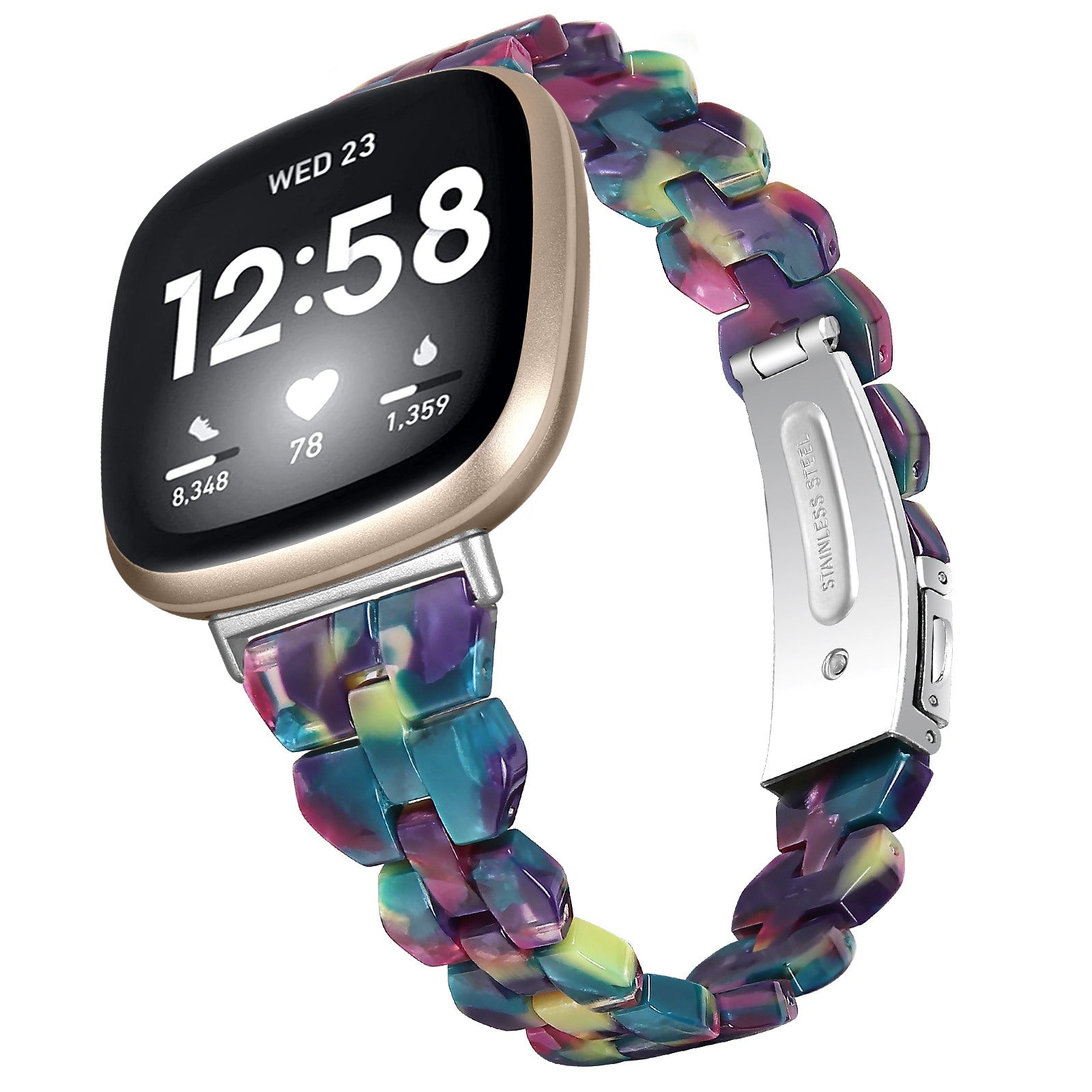 For Fitbit Versa 4 / Sense 2 Resin Watch Band Lightweight Watch Strap Smart Bracelet Replacement Parts - Purple Green Flower