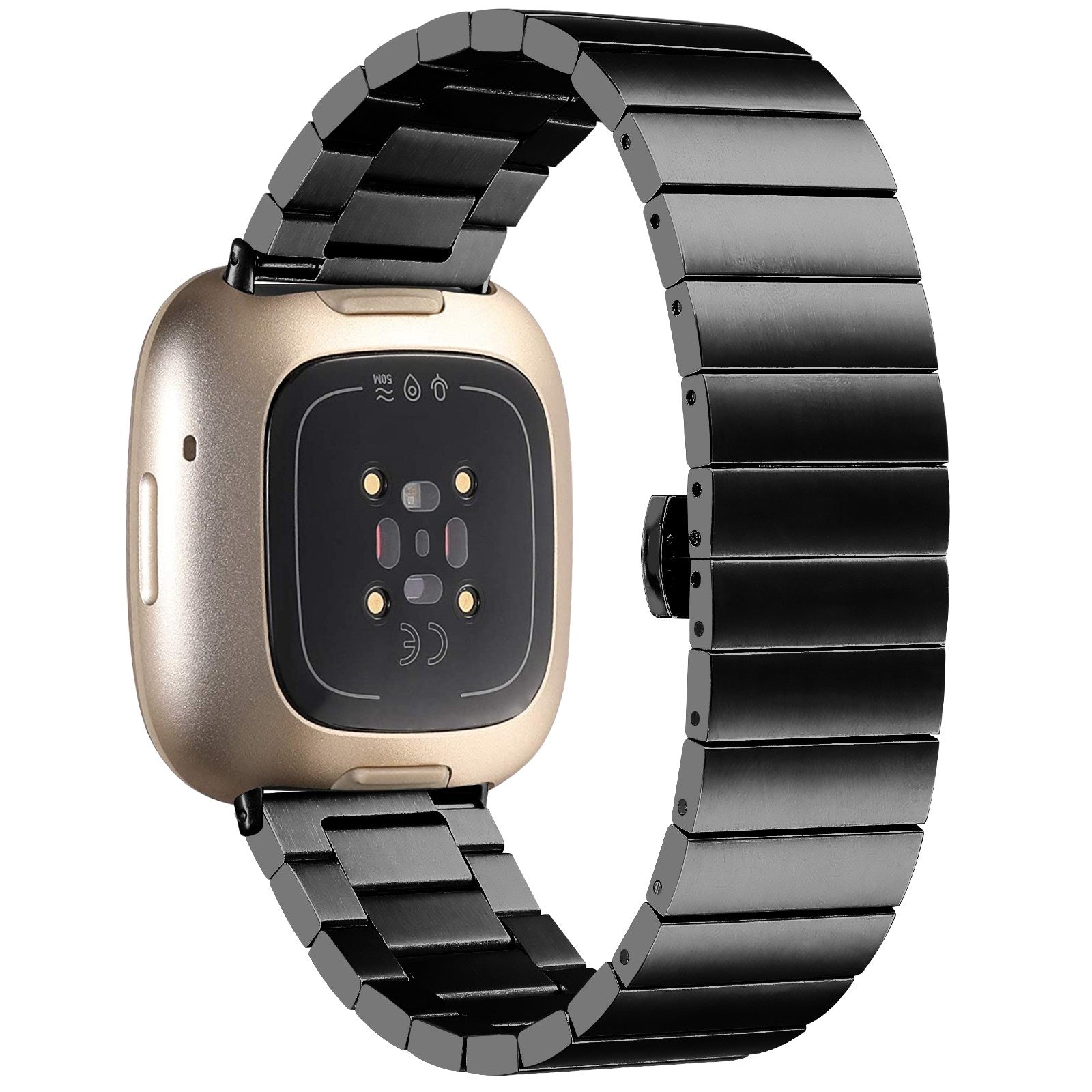 For Fitbit Versa 4 / Sense 2 Smart Watch Band Buckle Design Metal Replacement Wrist Strap - Black
