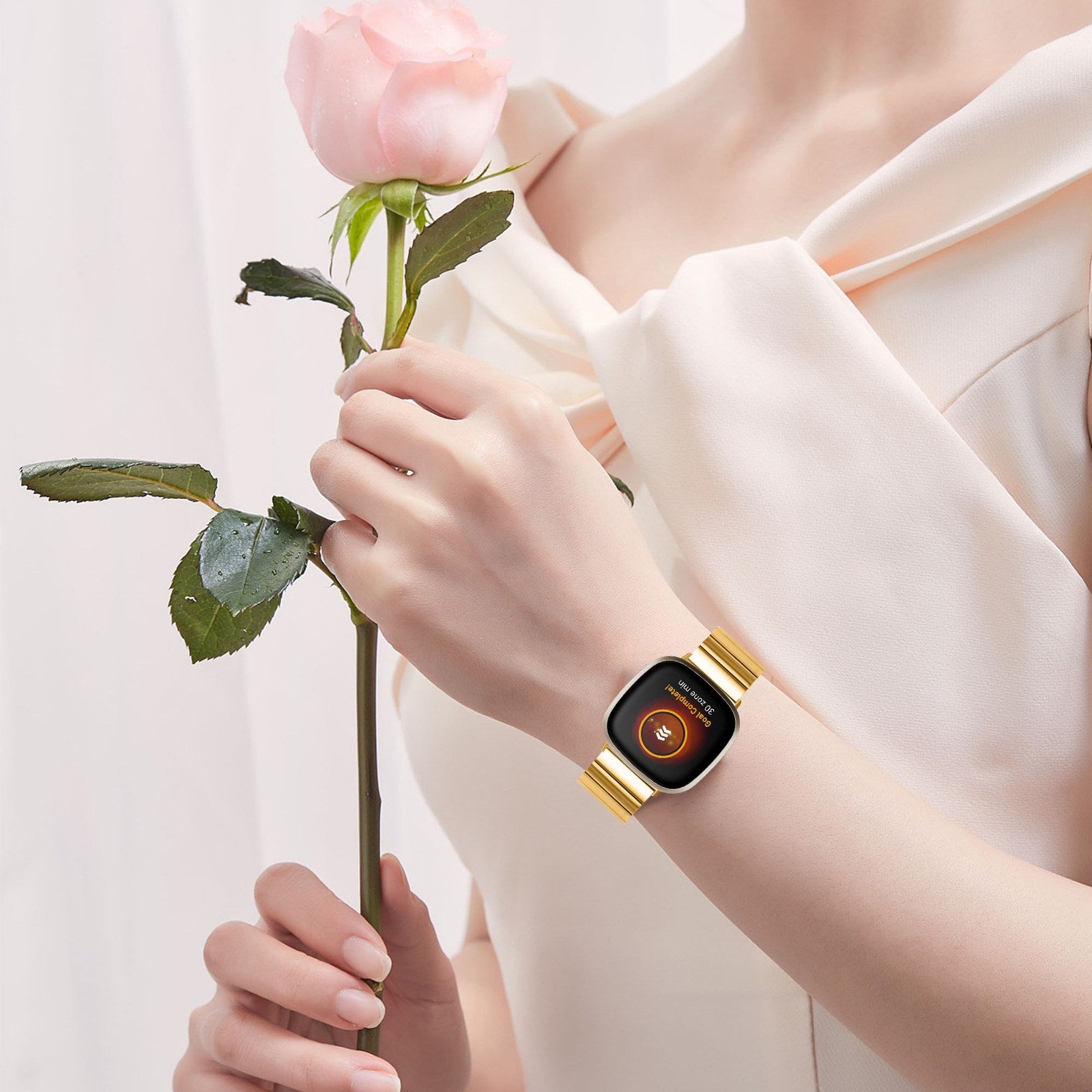 For Fitbit Versa 4 / Sense 2 Smart Watch Band Buckle Design Metal Replacement Wrist Strap - Gold