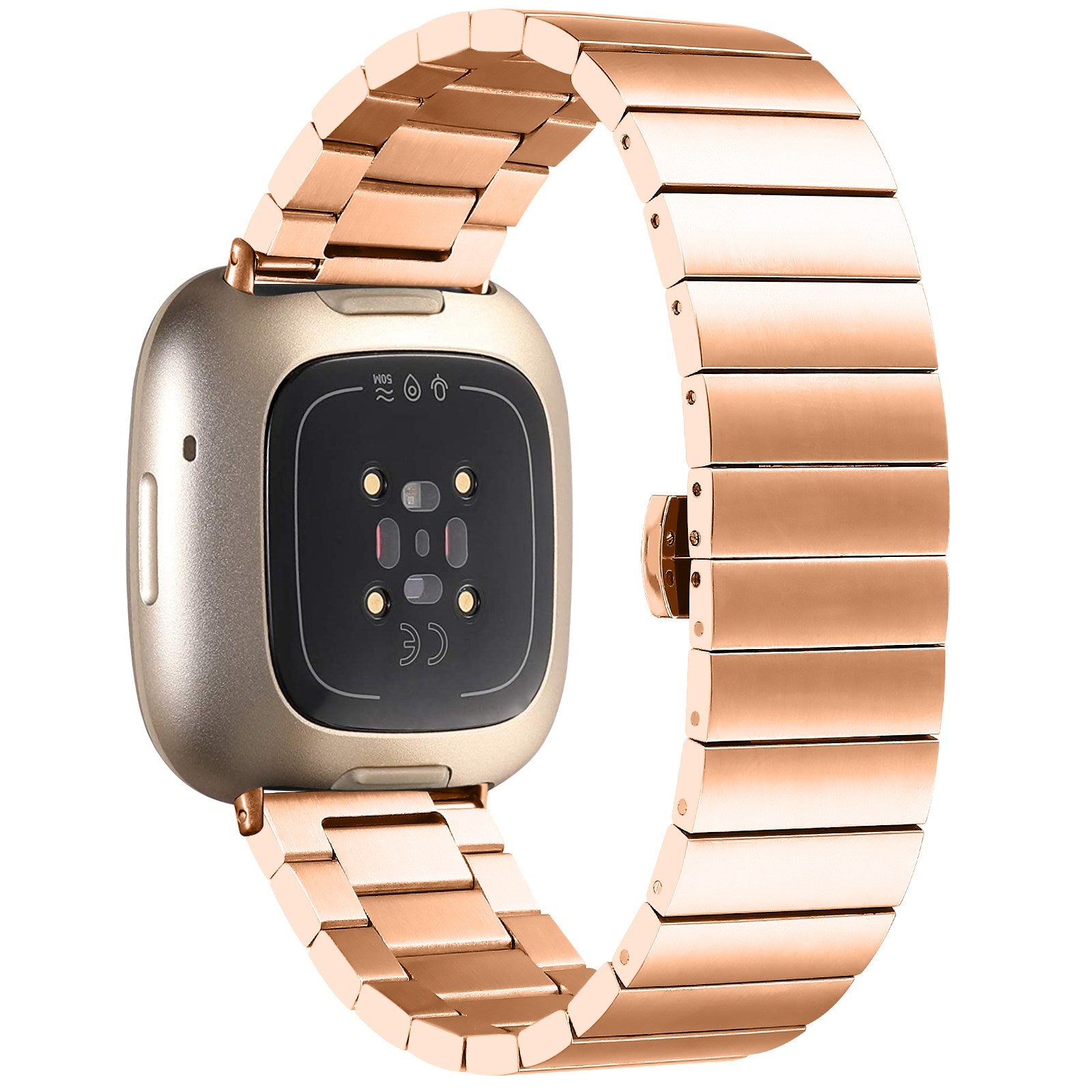 For Fitbit Versa 4 / Sense 2 Smart Watch Band Buckle Design Metal Replacement Wrist Strap - Rose Gold
