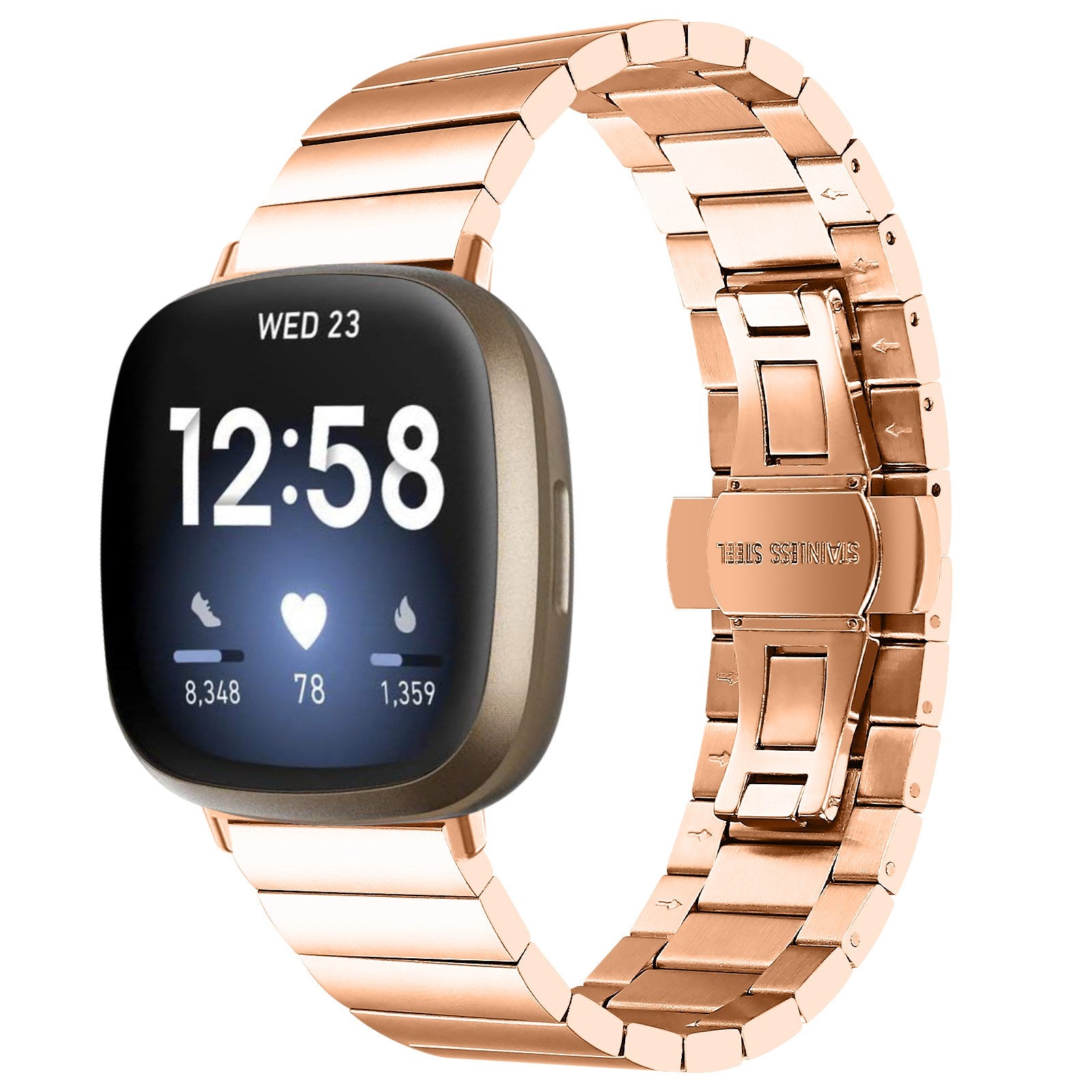 For Fitbit Versa 4 / Sense 2 Smart Watch Band Buckle Design Metal Replacement Wrist Strap - Rose Gold