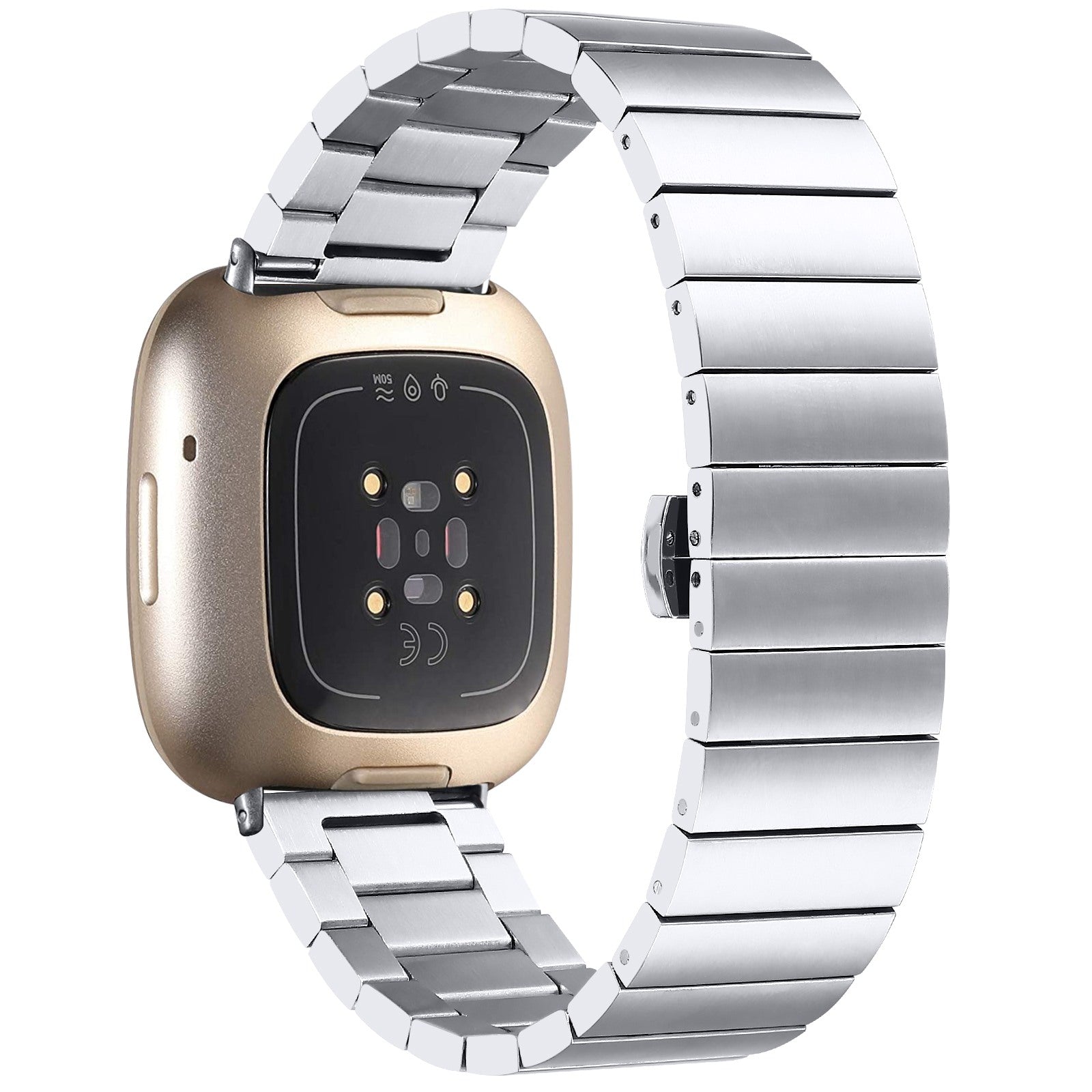 For Fitbit Versa 4 / Sense 2 Smart Watch Band Buckle Design Metal Replacement Wrist Strap - Silver