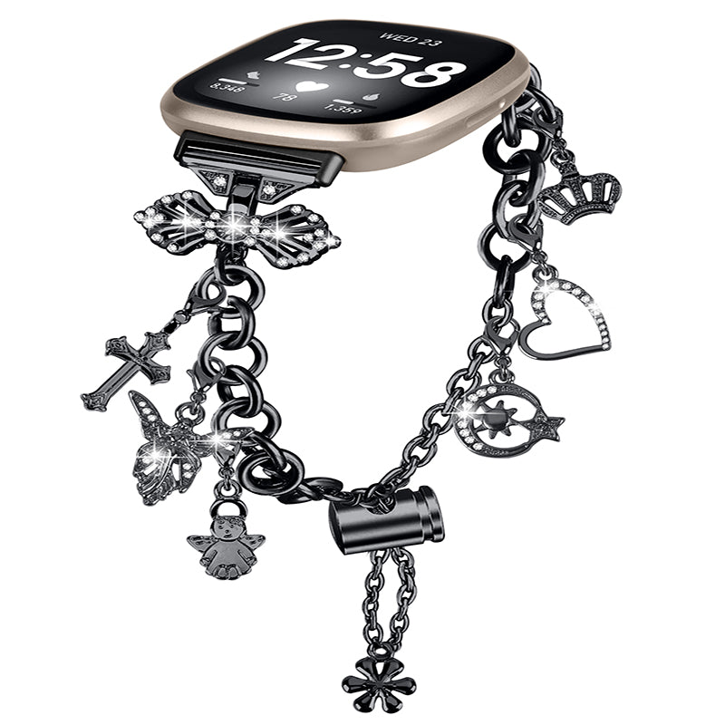 For Fitbit Versa 3 / Fitbit Sense Metal Watch Band with Multiple Pendants Adjustable Wristband Bracelet - Black