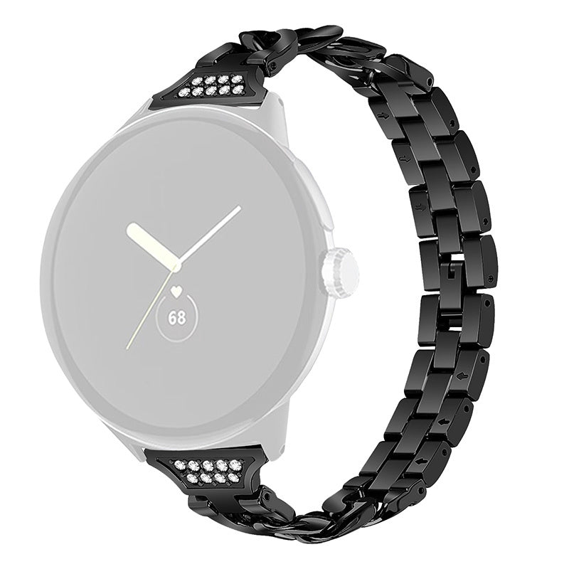 For Google Pixel Watch Rhinestone Decor Metal Watch Band Wristband Replacement Strap - Black