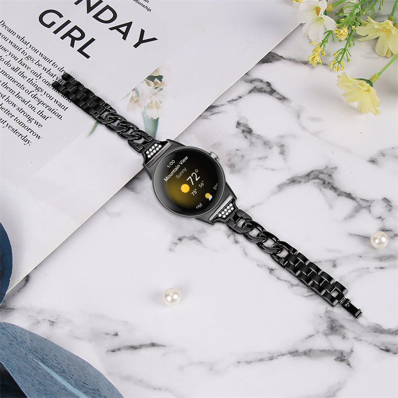 For Google Pixel Watch Rhinestone Decor Metal Watch Band Wristband Replacement Strap - Black
