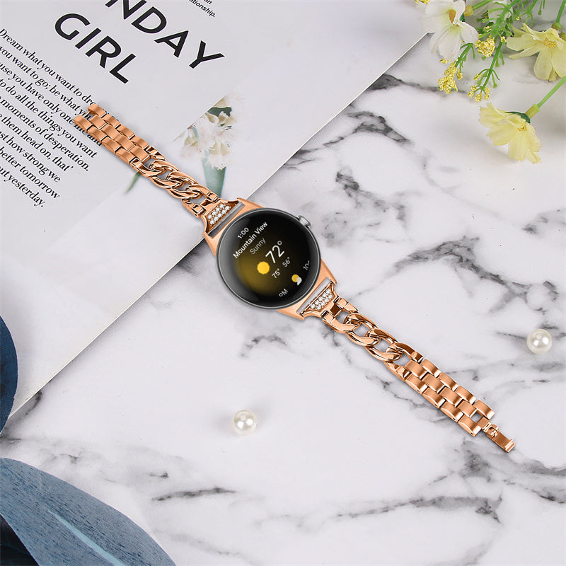 For Google Pixel Watch Rhinestone Decor Metal Watch Band Wristband Replacement Strap - Rose Gold