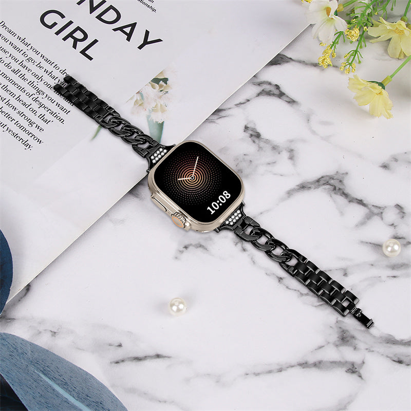 For Apple Watch Ultra 49mm / Series 8 / 7 45mm / 6 / 5 / 4 / SE / SE (2022) 44mm / 3 / 2 / 1 42mm Rhinestone Decor Metal Smart Watch Band Replacement Wrist Strap - Black - UNIQBUY