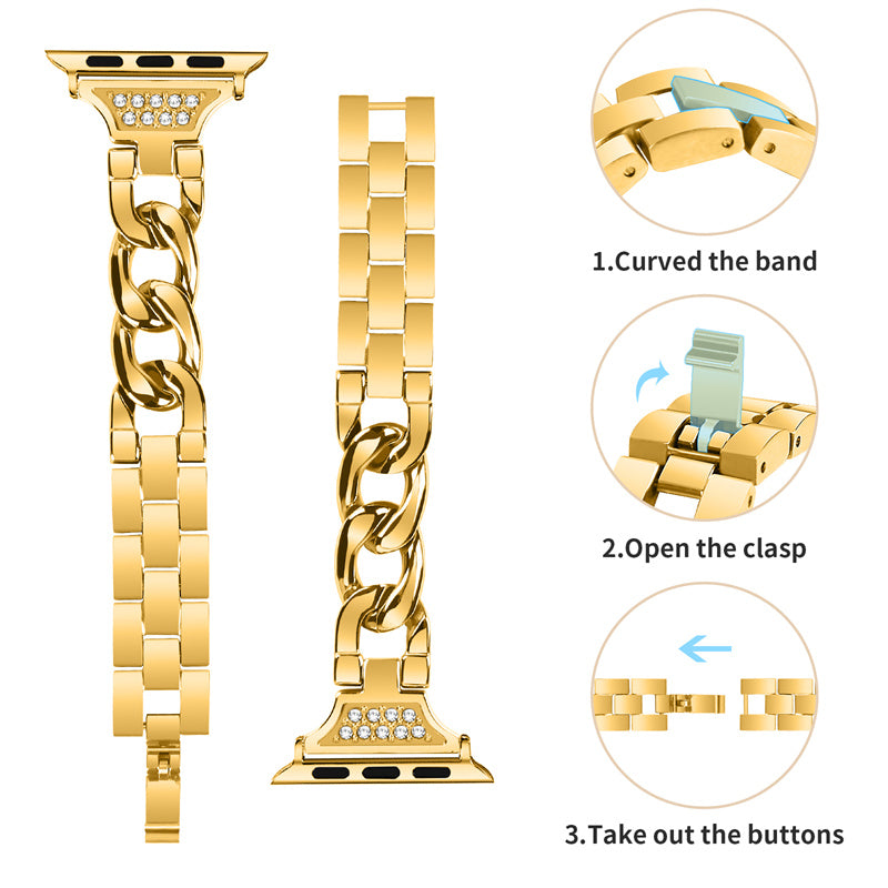 For Apple Watch Series 8 / 7 41mm / 6 / 5 / 4 / SE / SE (2022) 40mm / 3 / 2 / 1 38mm Rhinestones Decor Metal Smartwatch Strap Replacement Watch Band - Gold - UNIQBUY