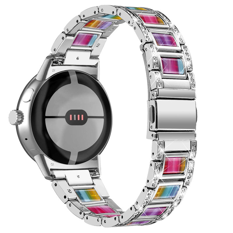 For Google Pixel Watch Stainless Steel Resin Band Bracelet Rhinestone Decor Replacement Wristband - Silver / Rainbow