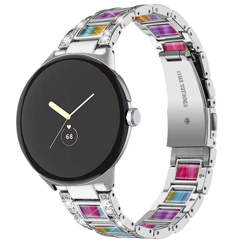 For Google Pixel Watch Stainless Steel Resin Band Bracelet Rhinestone Decor Replacement Wristband - Silver / Rainbow