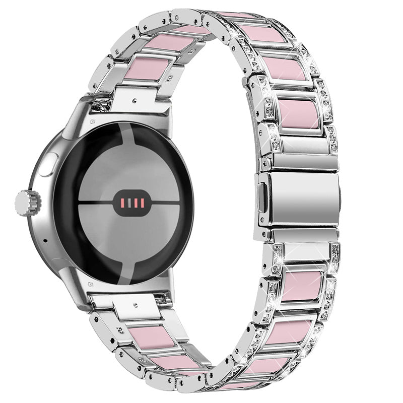 For Google Pixel Watch Stainless Steel Resin Band Bracelet Rhinestone Decor Replacement Wristband - Sliver / Pink