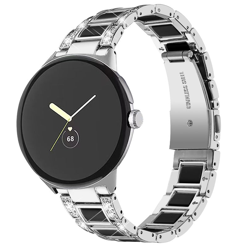 For Google Pixel Watch Stainless Steel Resin Band Bracelet Rhinestone Decor Replacement Wristband - Sliver / Black