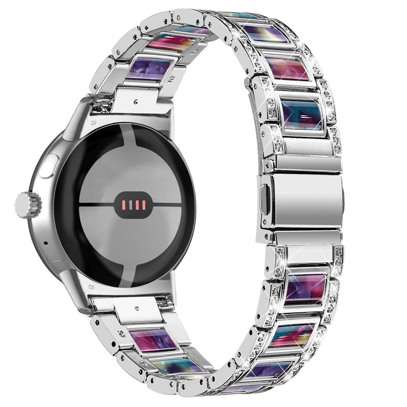 For Google Pixel Watch Stainless Steel Resin Band Bracelet Rhinestone Decor Replacement Wristband - Silver / Purple Green Mix