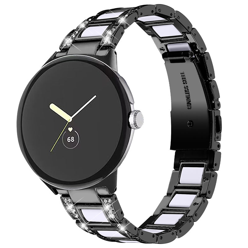 For Google Pixel Watch Stainless Steel Resin Strap Bracelet Rhinestone Decor Replacement Wristband - Black / White