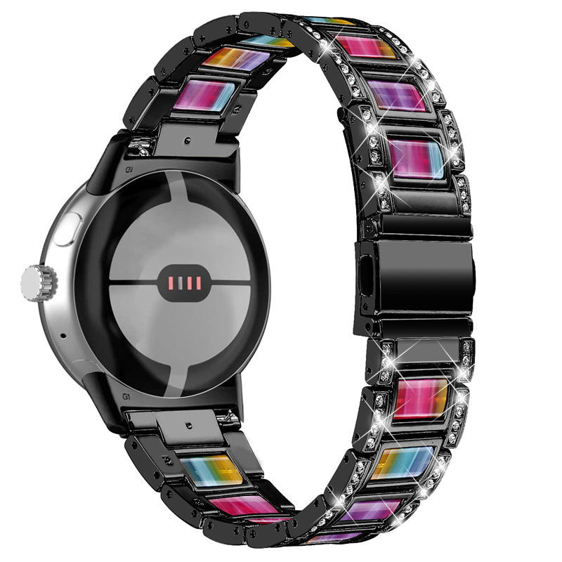 For Google Pixel Watch Stainless Steel Resin Strap Bracelet Rhinestone Decor Replacement Wristband - Black / Rainbow