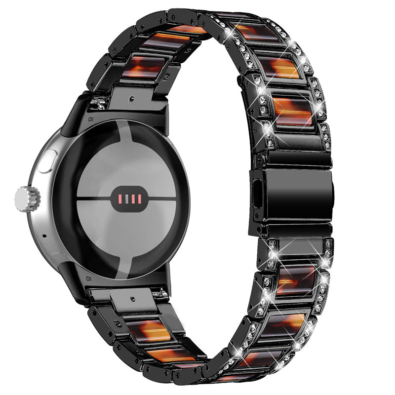 For Google Pixel Watch Stainless Steel Resin Strap Bracelet Rhinestone Decor Replacement Wristband - Black / Tortoiseshell Color