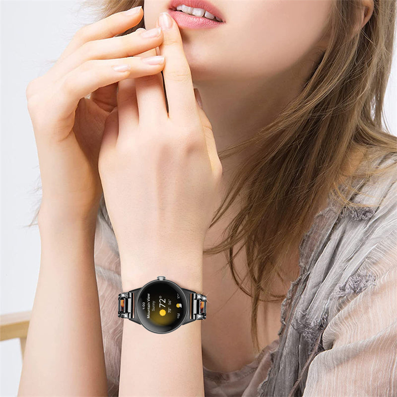 For Google Pixel Watch Stainless Steel Resin Strap Bracelet Rhinestone Decor Replacement Wristband - Black / Tortoiseshell Color
