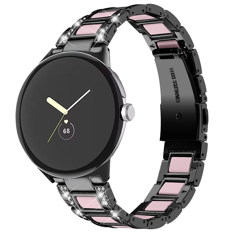 For Google Pixel Watch Stainless Steel Resin Strap Bracelet Rhinestone Decor Replacement Wristband - Black / Pink