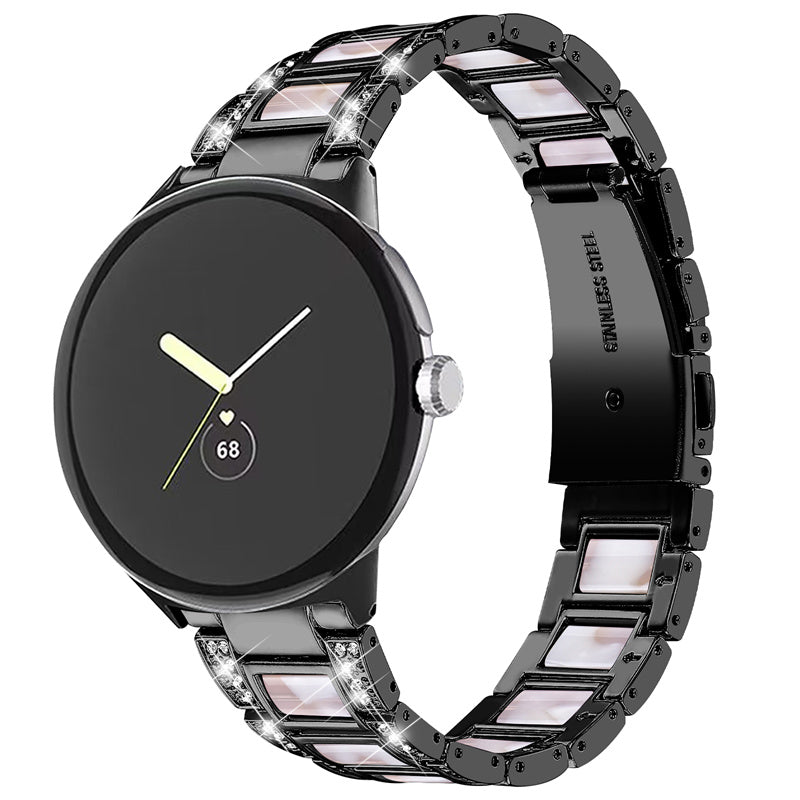 For Google Pixel Watch Stainless Steel Resin Strap Bracelet Rhinestone Decor Replacement Wristband - Black / Pink Mix