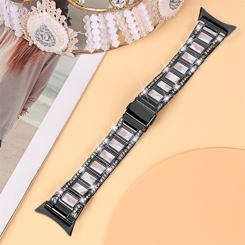 For Google Pixel Watch Stainless Steel Resin Strap Bracelet Rhinestone Decor Replacement Wristband - Black / Pink Mix