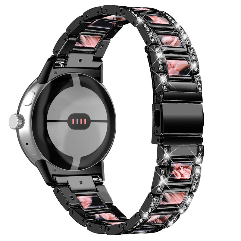 For Google Pixel Watch Stainless Steel Resin Strap Bracelet Rhinestone Decor Replacement Wristband - Black / Black Pink Mix