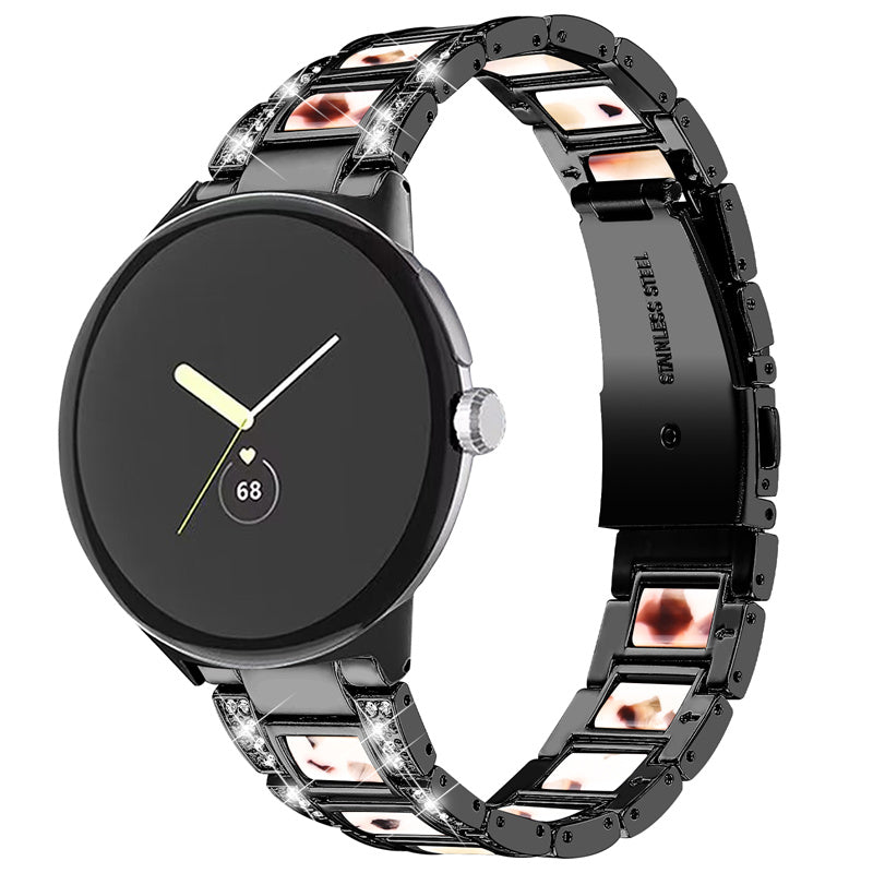 For Google Pixel Watch Stainless Steel Resin Strap Bracelet Rhinestone Decor Replacement Wristband - Black / Nougat Pattern
