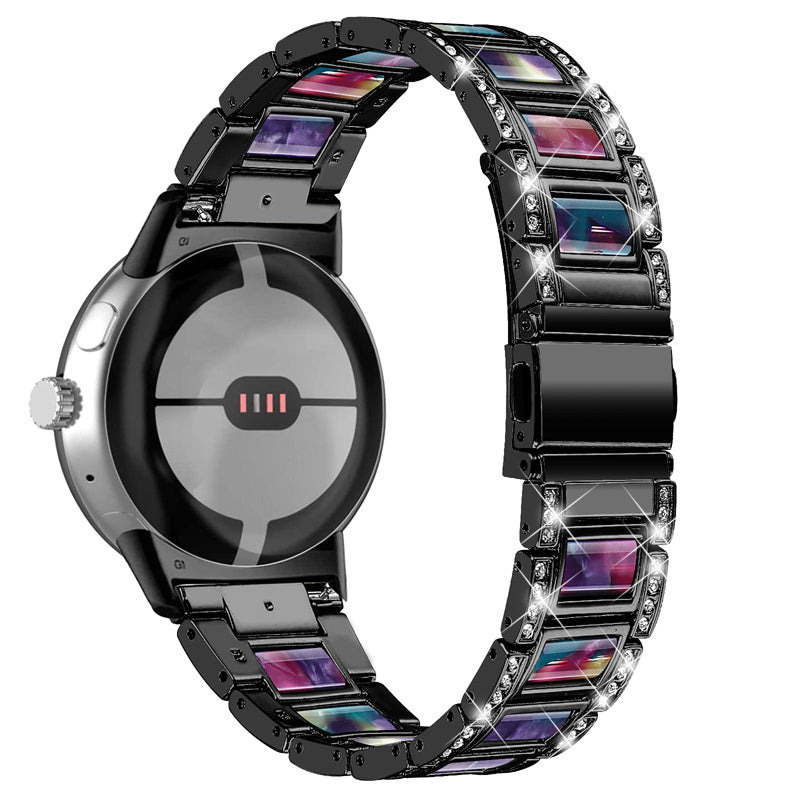 For Google Pixel Watch Stainless Steel Resin Strap Bracelet Rhinestone Decor Replacement Wristband - Black / Purple Green Mix