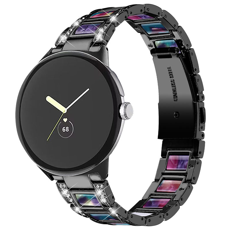 For Google Pixel Watch Stainless Steel Resin Strap Bracelet Rhinestone Decor Replacement Wristband - Black / Purple Green Mix