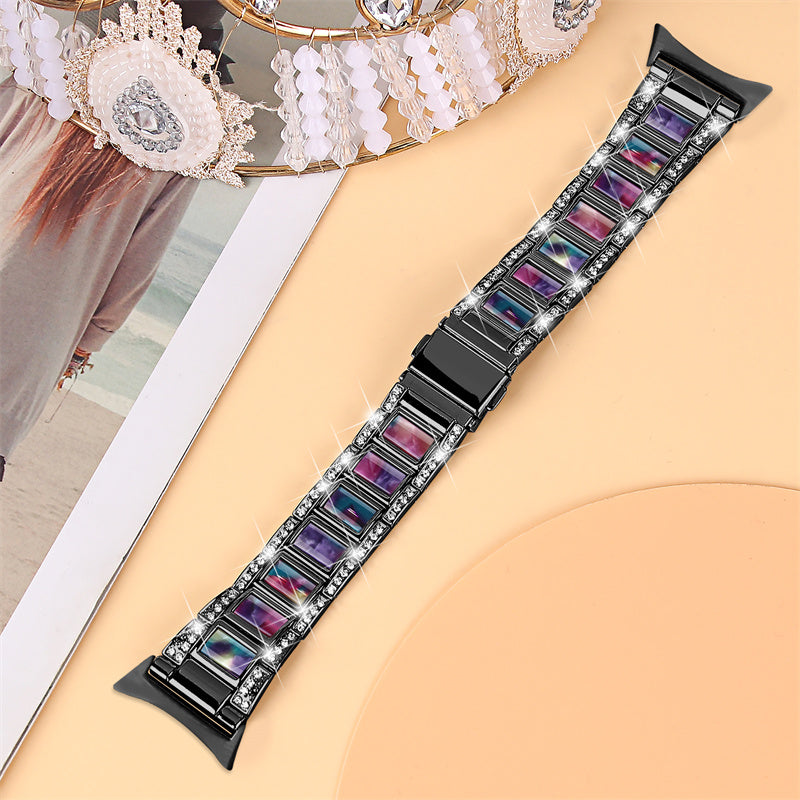 For Google Pixel Watch Stainless Steel Resin Strap Bracelet Rhinestone Decor Replacement Wristband - Black / Purple Green Mix