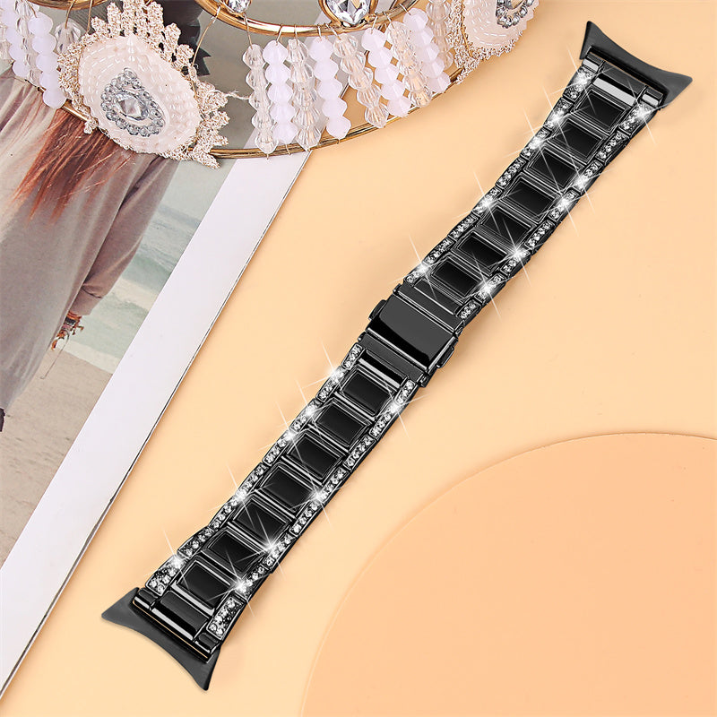 For Google Pixel Watch Stainless Steel Resin Strap Bracelet Rhinestone Decor Replacement Wristband - Black