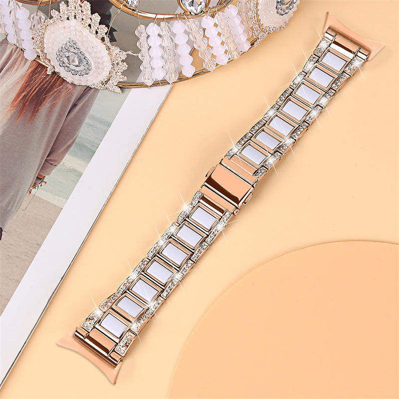 For Google Pixel Watch Stainless Steel Resin Strap Bracelet Rhinestone Decor Replacement Wristband - Rose Gold / White