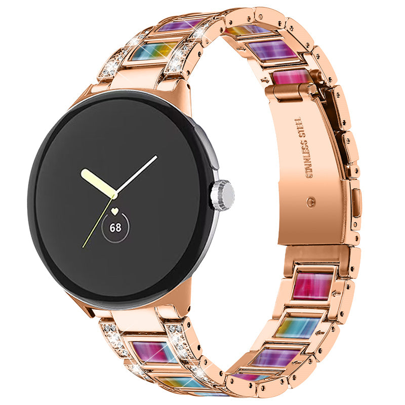 For Google Pixel Watch Stainless Steel Resin Strap Bracelet Rhinestone Decor Replacement Wristband - Rose Gold / Rainbow