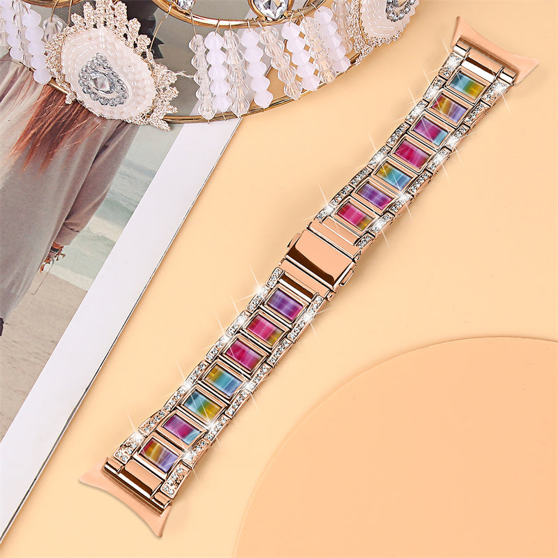 For Google Pixel Watch Stainless Steel Resin Strap Bracelet Rhinestone Decor Replacement Wristband - Rose Gold / Rainbow