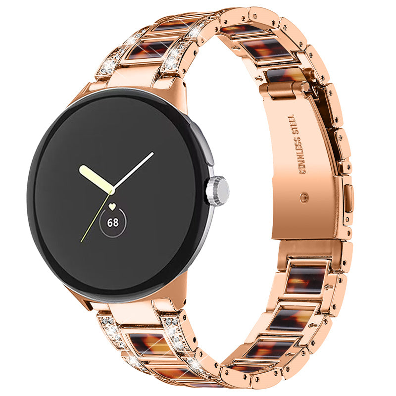 For Google Pixel Watch Stainless Steel Resin Strap Bracelet Rhinestone Decor Replacement Wristband - Rose Gold / Tortoiseshell Color