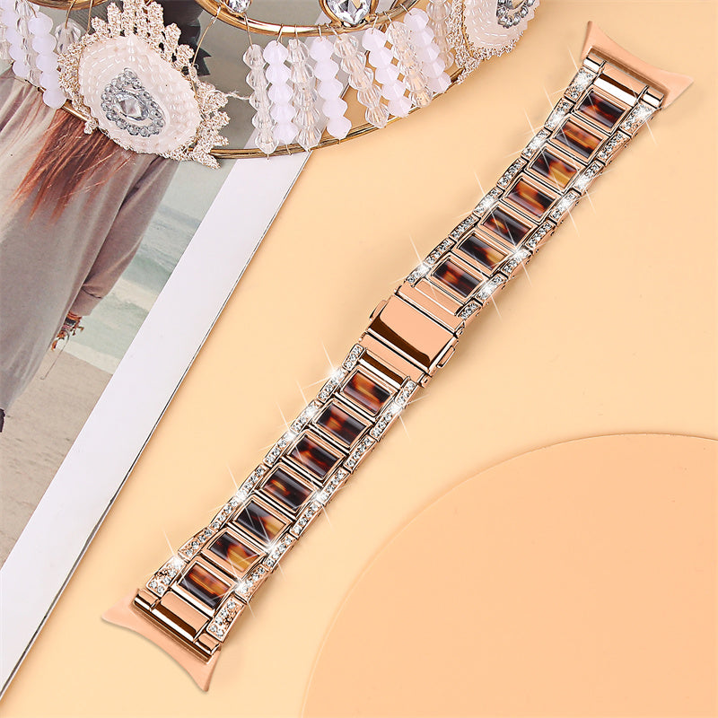 For Google Pixel Watch Stainless Steel Resin Strap Bracelet Rhinestone Decor Replacement Wristband - Rose Gold / Tortoiseshell Color