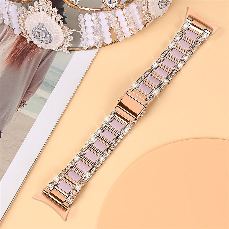For Google Pixel Watch Stainless Steel Resin Strap Bracelet Rhinestone Decor Replacement Wristband - Rose Gold / Pink