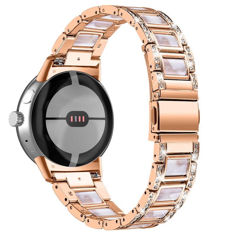 For Google Pixel Watch Stainless Steel Resin Strap Bracelet Rhinestone Decor Replacement Wristband - Rose Gold / Pink Mix