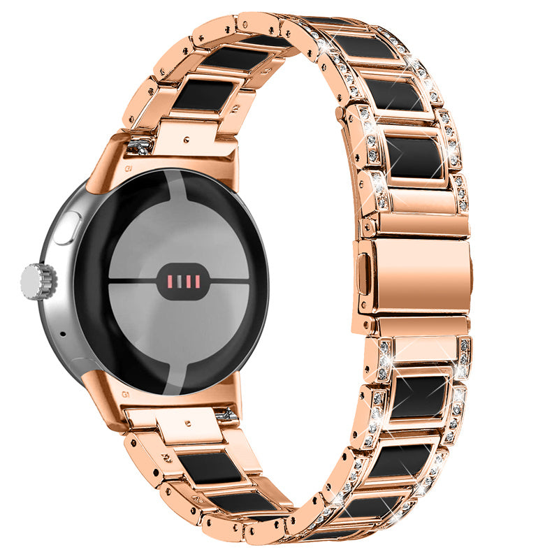 For Google Pixel Watch Stainless Steel Resin Strap Bracelet Rhinestone Decor Replacement Wristband - Rose Gold / Black
