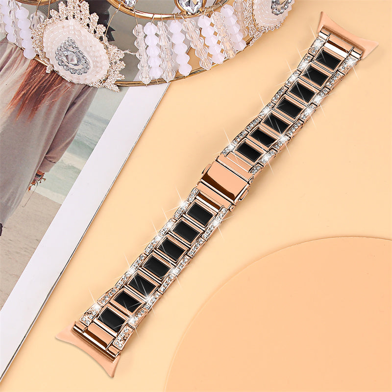 For Google Pixel Watch Stainless Steel Resin Strap Bracelet Rhinestone Decor Replacement Wristband - Rose Gold / Black