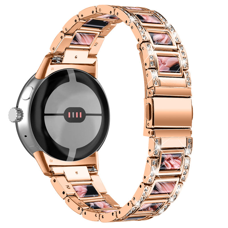 For Google Pixel Watch Stainless Steel Resin Strap Bracelet Rhinestone Decor Replacement Wristband - Rose Gold / Black Pink Mix