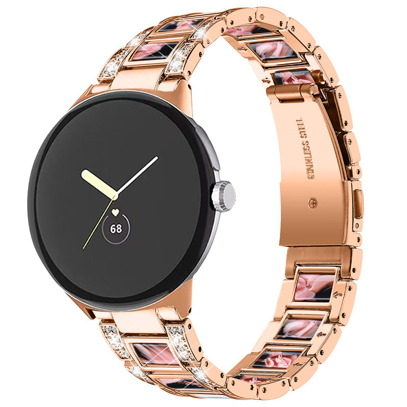 For Google Pixel Watch Stainless Steel Resin Strap Bracelet Rhinestone Decor Replacement Wristband - Rose Gold / Black Pink Mix