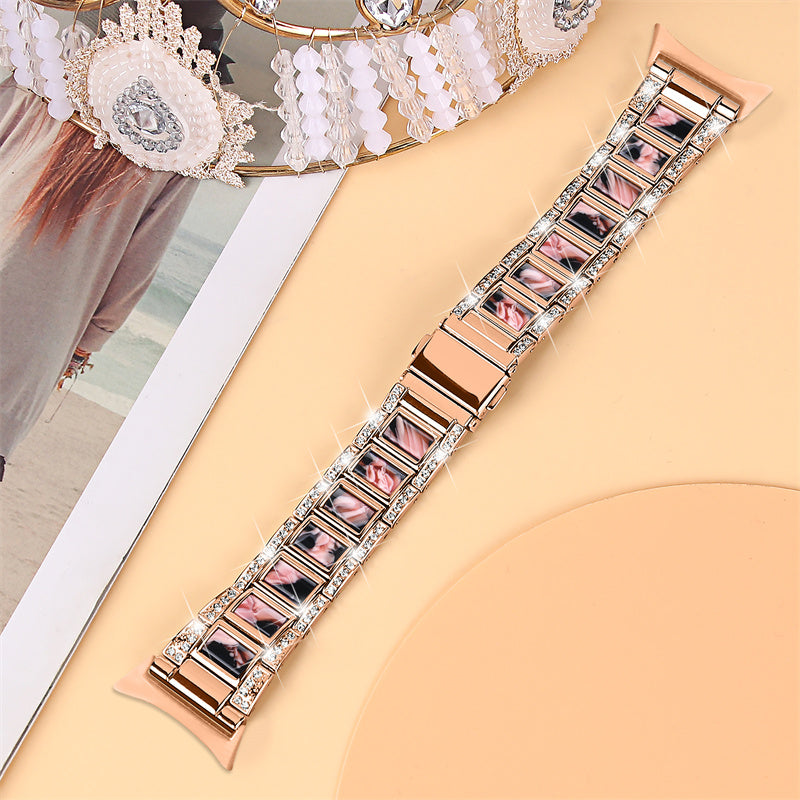 For Google Pixel Watch Stainless Steel Resin Strap Bracelet Rhinestone Decor Replacement Wristband - Rose Gold / Black Pink Mix
