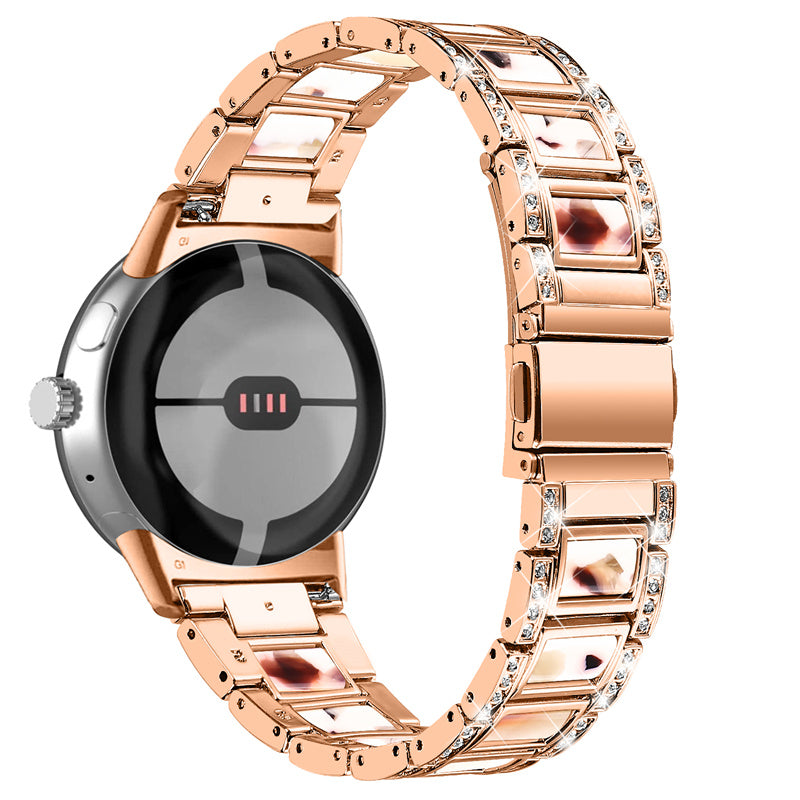 For Google Pixel Watch Stainless Steel Resin Strap Bracelet Rhinestone Decor Replacement Wristband - Rose Gold / Nougat Pattern