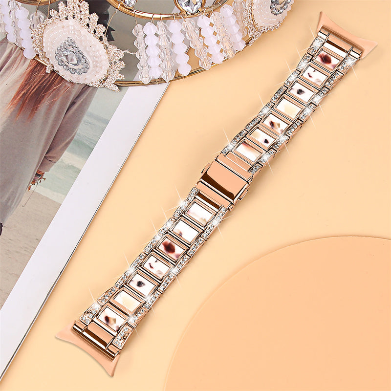 For Google Pixel Watch Stainless Steel Resin Strap Bracelet Rhinestone Decor Replacement Wristband - Rose Gold / Nougat Pattern