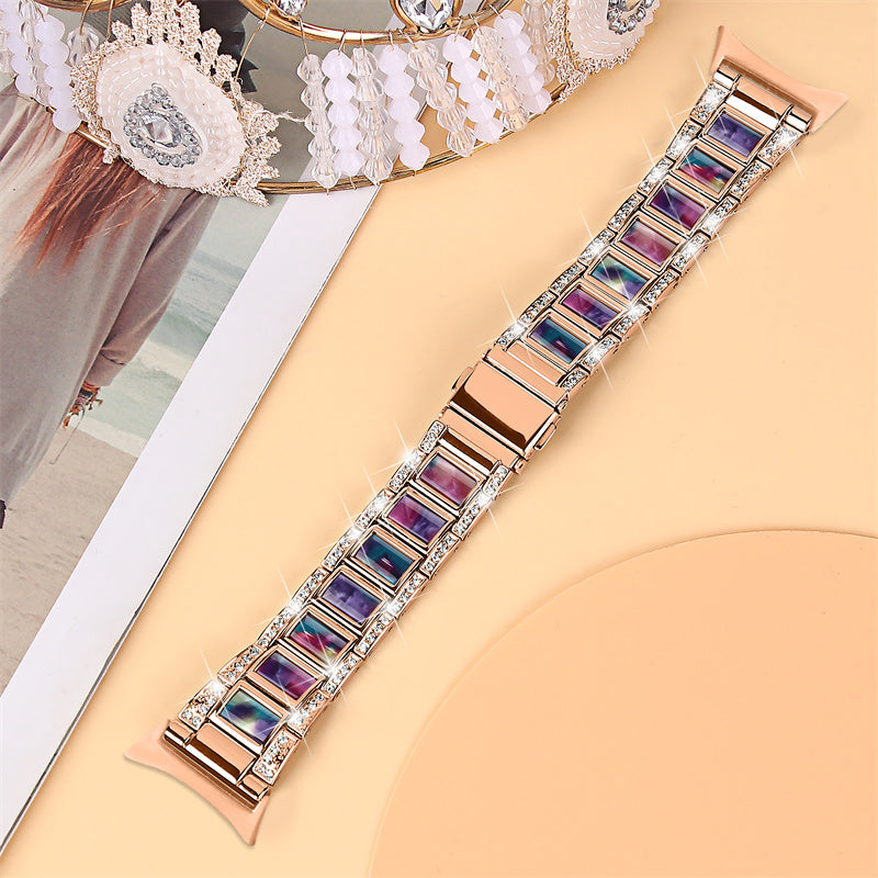 For Google Pixel Watch Stainless Steel Resin Strap Bracelet Rhinestone Decor Replacement Wristband - Rose Gold / Purple Green Mix