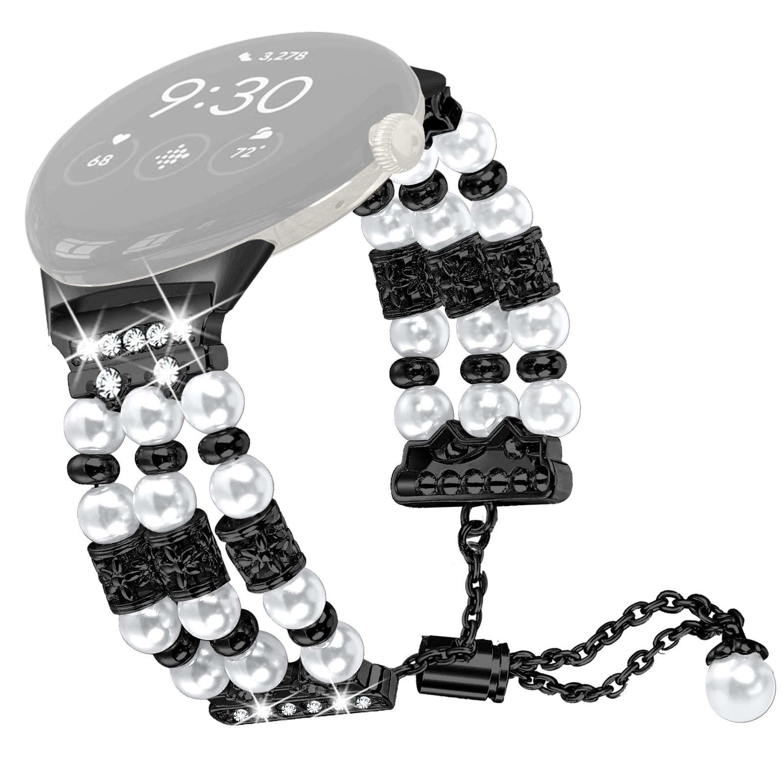 For Google Pixel WatchThree Rows Faux Pearls Beads Watch Band Replacement Wrist Strap Bracelet - Black